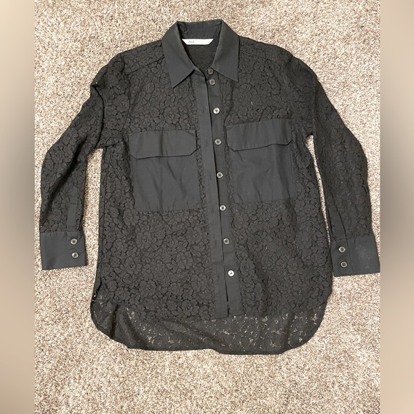 ZARA WOMENS black lace long sleeve button down blouse, size M - Picture 1 of 3